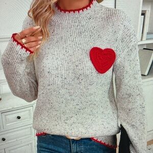 Women's Gray Sweater with Red Heart Accent